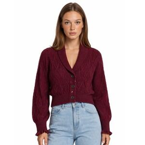 Draper James Crop Cardigan Sweater Women's Size Large Burgundy Cable Knit